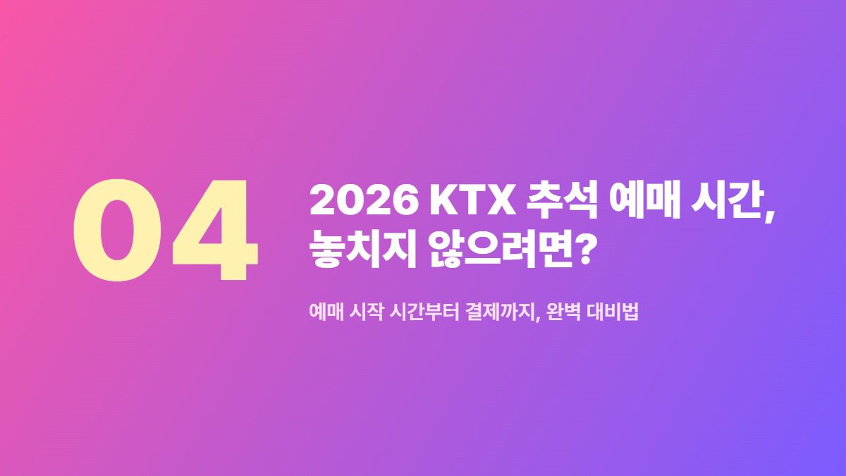 2026 KTX 추석 예매 승자만 아는 '3분 법칙'과 회원 전환 조건 5 2026 KTX 추석 예매 시간, 놓치지 않으려면? — 예매 시작 시간부터 결제까지, 완벽 대비법