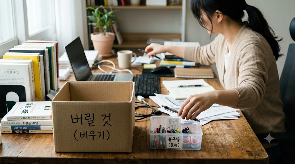 책상 정리 시작을 위한 비우기와 분류 단계